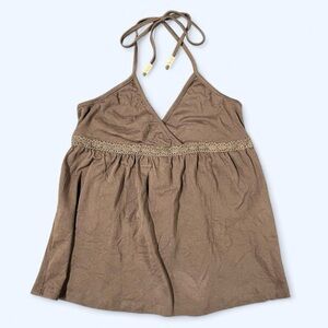 Y2k Babydoll Halter Top Brown XL Beaded Accent Boho 2000s Sleeveless Fairy